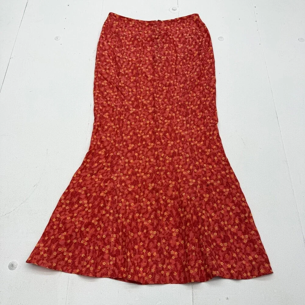 Free People Skirt Womens 2 Red Floral Long Trumpet Chiffon Lined Zip Summer